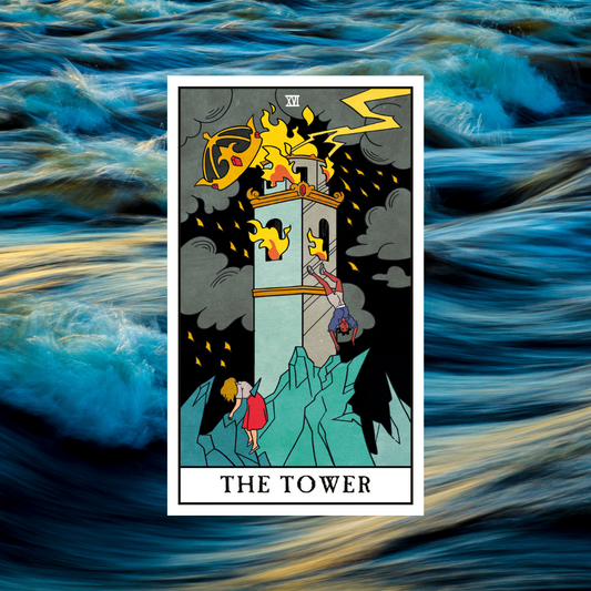 The tower tarot card on a background of rough waves 